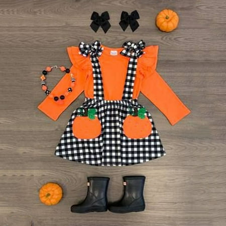 

Honeeladyy Sales Online Toddler Baby Girls T-shirt pumpkin Plaid Bind Belt Skirt Headbands Outfits Set