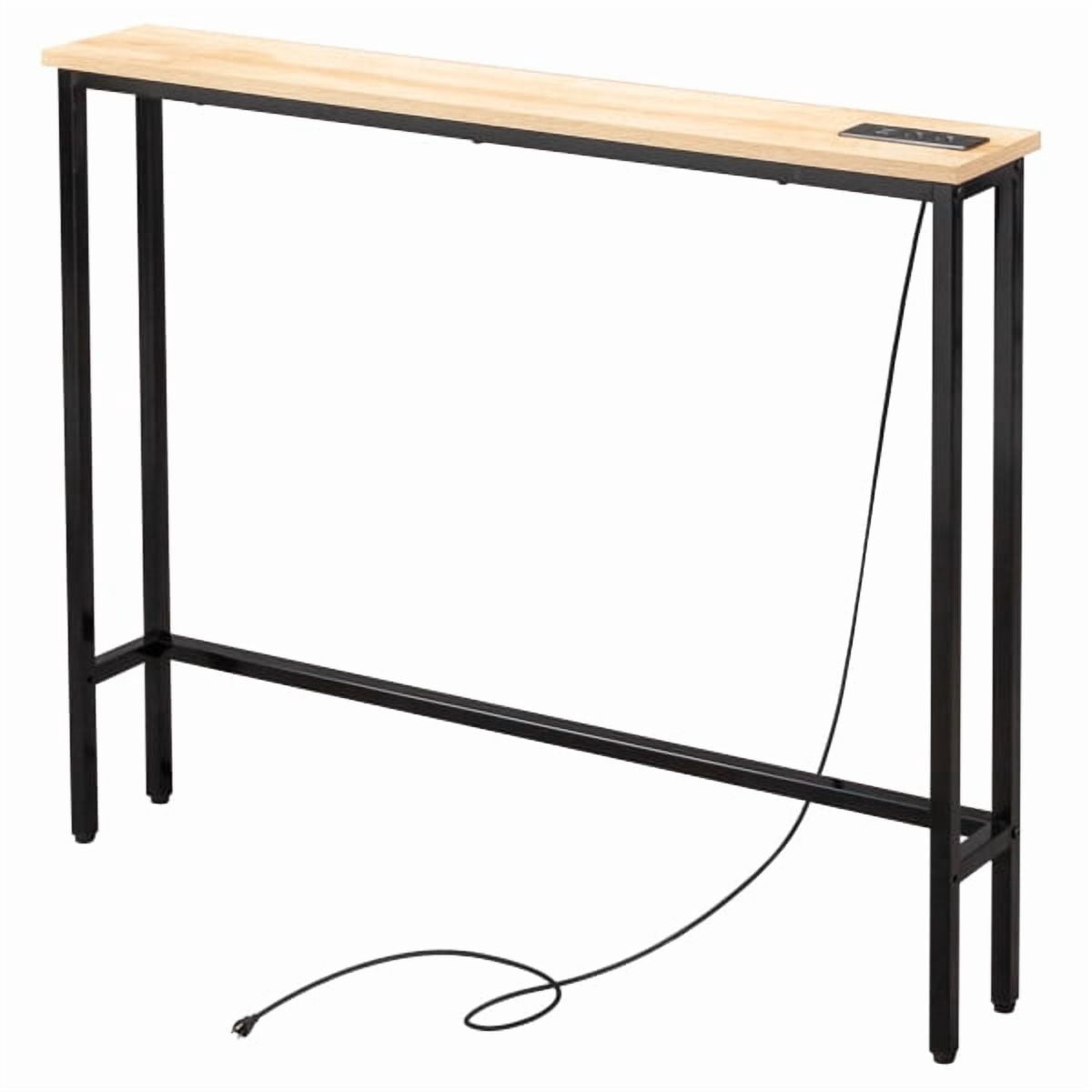 39.4" Narrow Console Sofa Table with Power Outlets and USB Ports, Skinny Couch Table with Metal Frame and Charge Station with 4.9ft Extension Cord, Oak