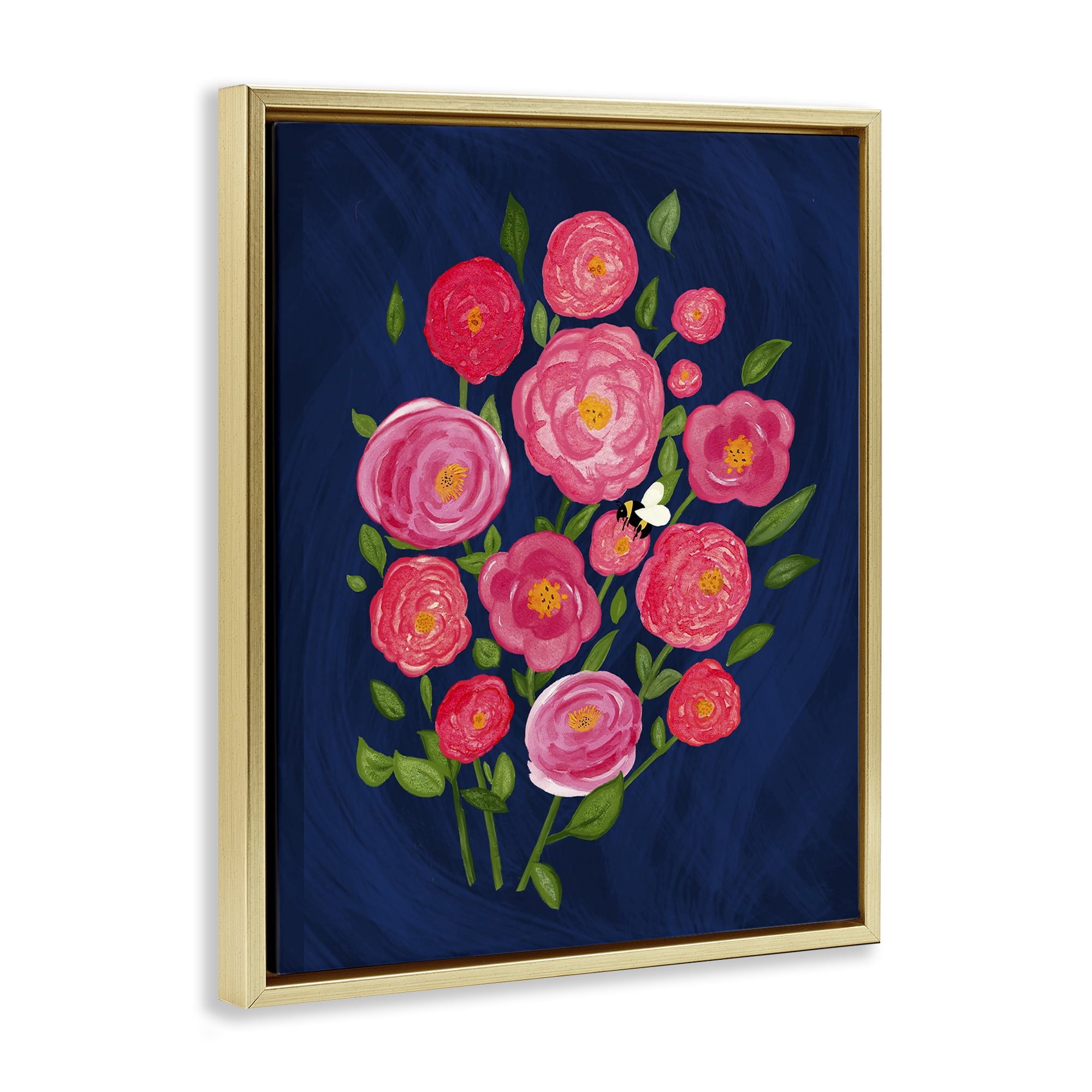 Stupell Industries Pink Poses Bunches Plants & Flowers Painting Gold Floater Framed Canvas Art Print Wall Art, 17 x 21