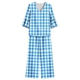 thumbnail image 7 of Mifsaly Lounge Wear for Women 2 Piece Set Plaid V Neck Bell Sleeve Top and Relaxed Wide Leg Pants Comfortable Everyday Casual Matching Outfits with Pockets Sky Blue,L, 7 of 7
