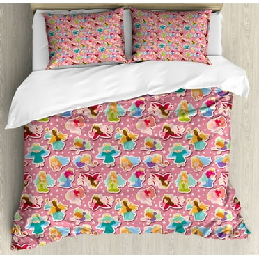 Angel Queen Size Duvet Cover Set, Magical Angels with Wings Tinsel Easter Praying Elves Innocence Baby Artful Graphic, Decorative 3 Piece Bedding Set with 2 Pillow Shams, Multicolor, by Ambesonne