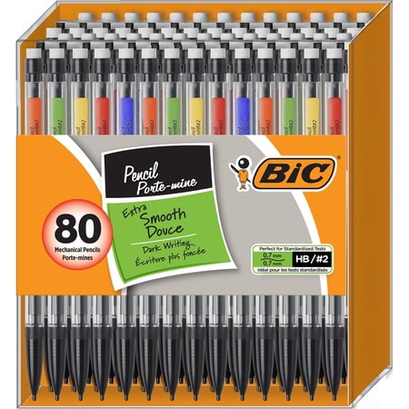 BIC Mechanical Pencils #2 Extra hukfga, 0.7 mm Medium Point, Transparent Barrels with Assorted Colored Clips - Bulk hukfga of 80 Lead Pencils