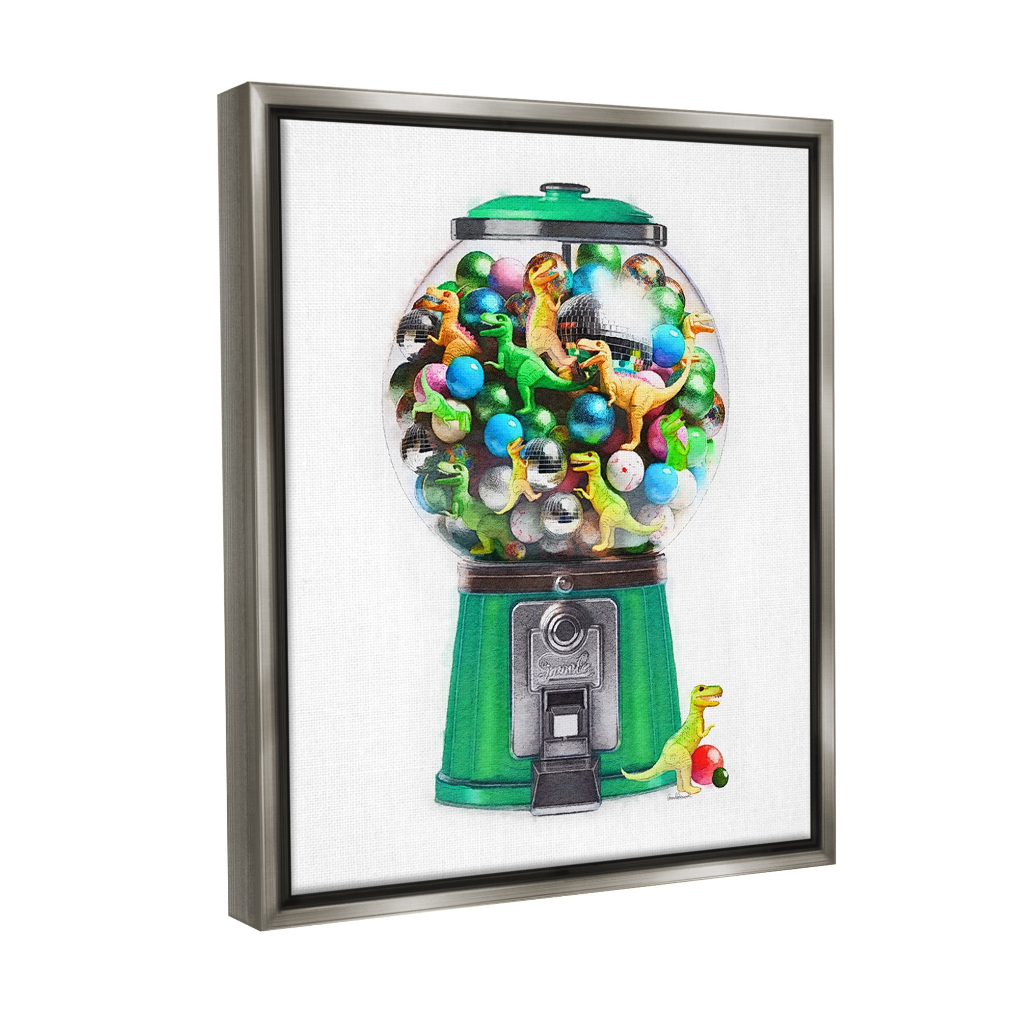 Stupell Industries Dinosaur Candy Dispenser Animals & Insects Painting Gray Floater Framed Canvas Art Print Wall Art, 17 x 21