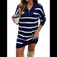 thumbnail image 1 of Vestido Tipo Sudadera de Rayas de Gran Tamaño para Mujer, Otoño 2025, con Cremallera 1/4, Larga, Sudadera de Punto, Minivestido Tipo Jersey. Azul Profundo S, 1 of 10