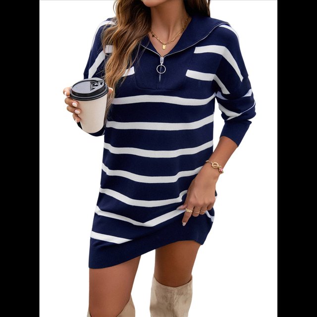 Vestido Tipo Sudadera de Rayas de Gran Tamaño para Mujer, Otoño 2025, con Cremallera 1/4, Larga, Sudadera de Punto, Minivestido Tipo Jersey. Azul Profundo S