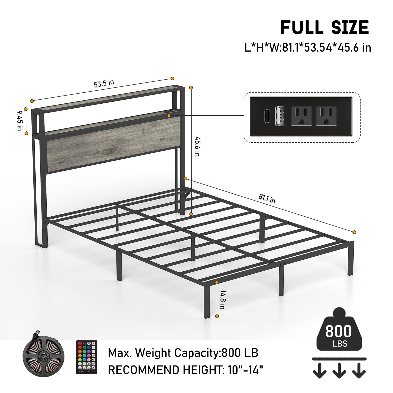Leumius Full Size Bed Frame with Headboard, Platform Bed with RGB LED Light & Charging Station & Under Bed Storage Space, Easy Assembly, Gray