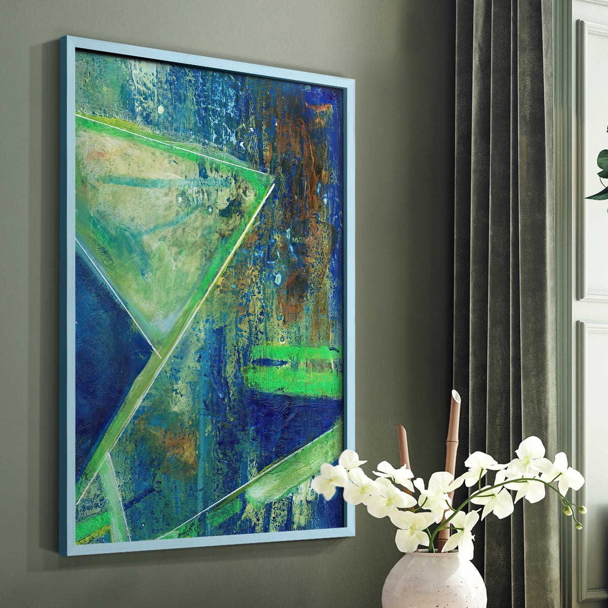 Geometric in Cool VII Framed Print in Blue Solid Wood Framed Print No Nail Hanging