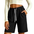 thumbnail image 4 of Kinrui Womens Long Shorts Waffle Knit Elastic Waist Drawstring Knee Lenght Pants with Pocket Black 2XL, 4 of 6