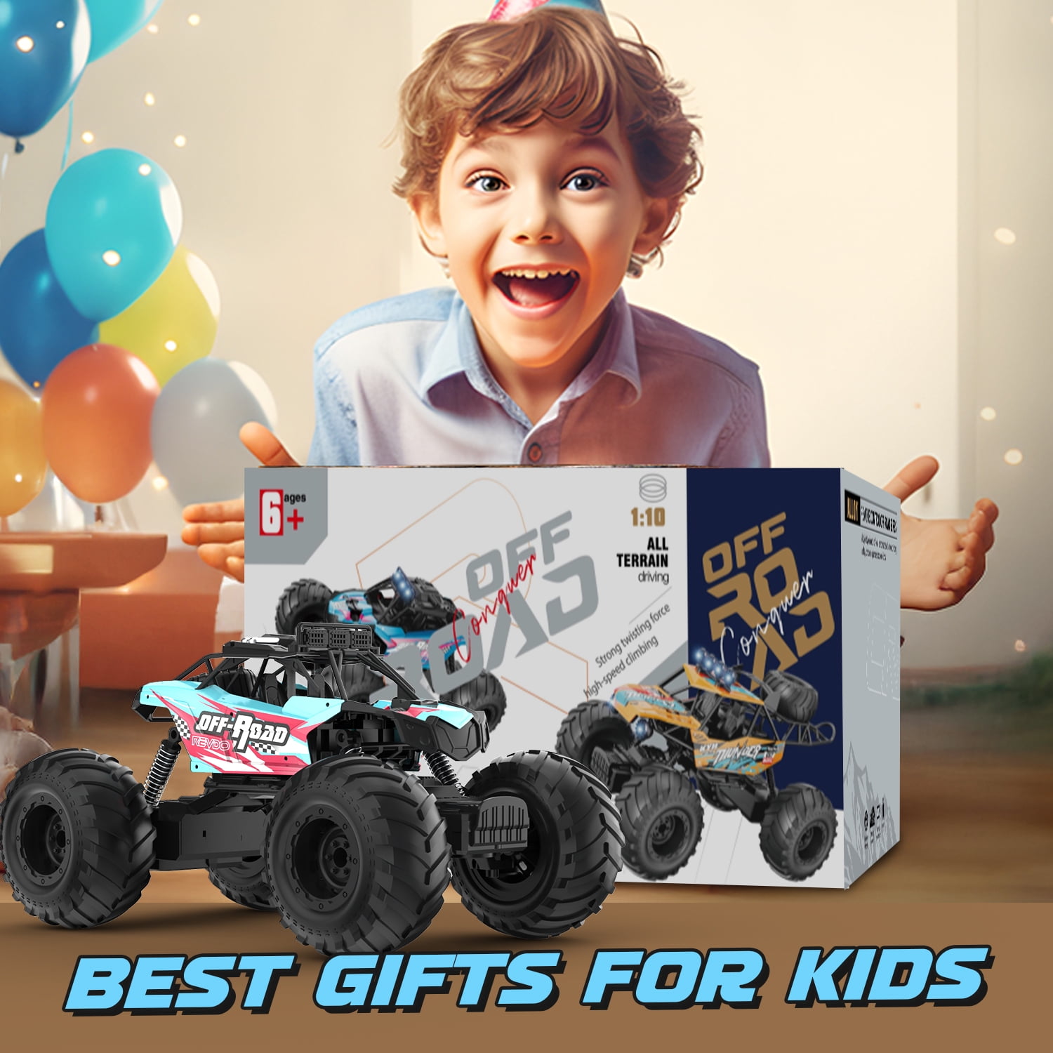 JoyStone 1:10 RC Cars for Kids , 2.4Ghz RC Monster Truck with Light, 2 Batteries, 60+ Mins, Off Road Vehicle for Adults, Blue