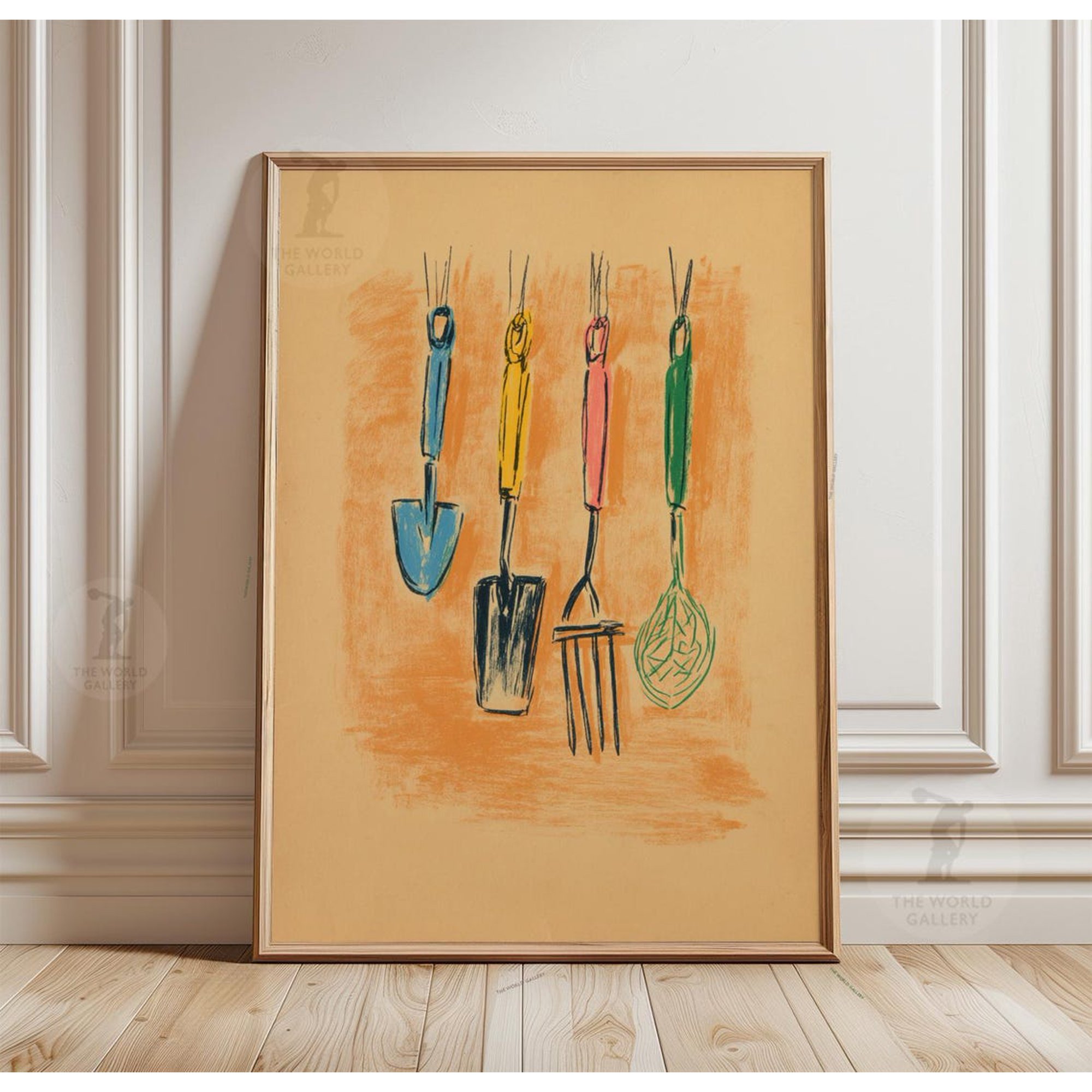Minimalist Linocut Style Shovel Fork Spade Garden Tools Wall Art Print
