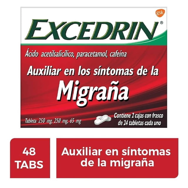 Excedrin Ácido acetilsalicilico, paracetamol, cafeína 250 mg, 250 mg, 65 mg 2 cajas 24 tabletas c/u