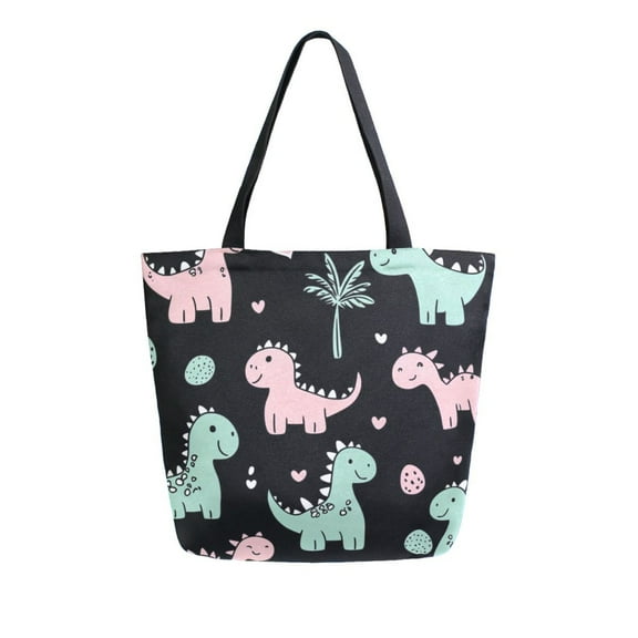 Durable Canvas Tote Bag with Zip Pocket Bags for Woman Shoulder Versatile Carryall for Everyday Use Pink and Green Dinosaurs