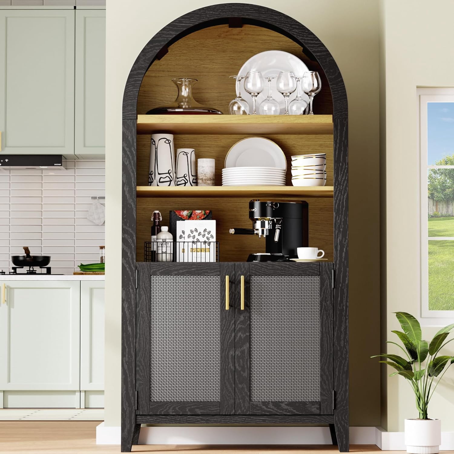 MAYEERTY Arched Storage Cabinet with Beech Wood Door, 5-Tier Arched Kitchen Pantry with Storage for Dining Room, Living Room, Kitchen, Office