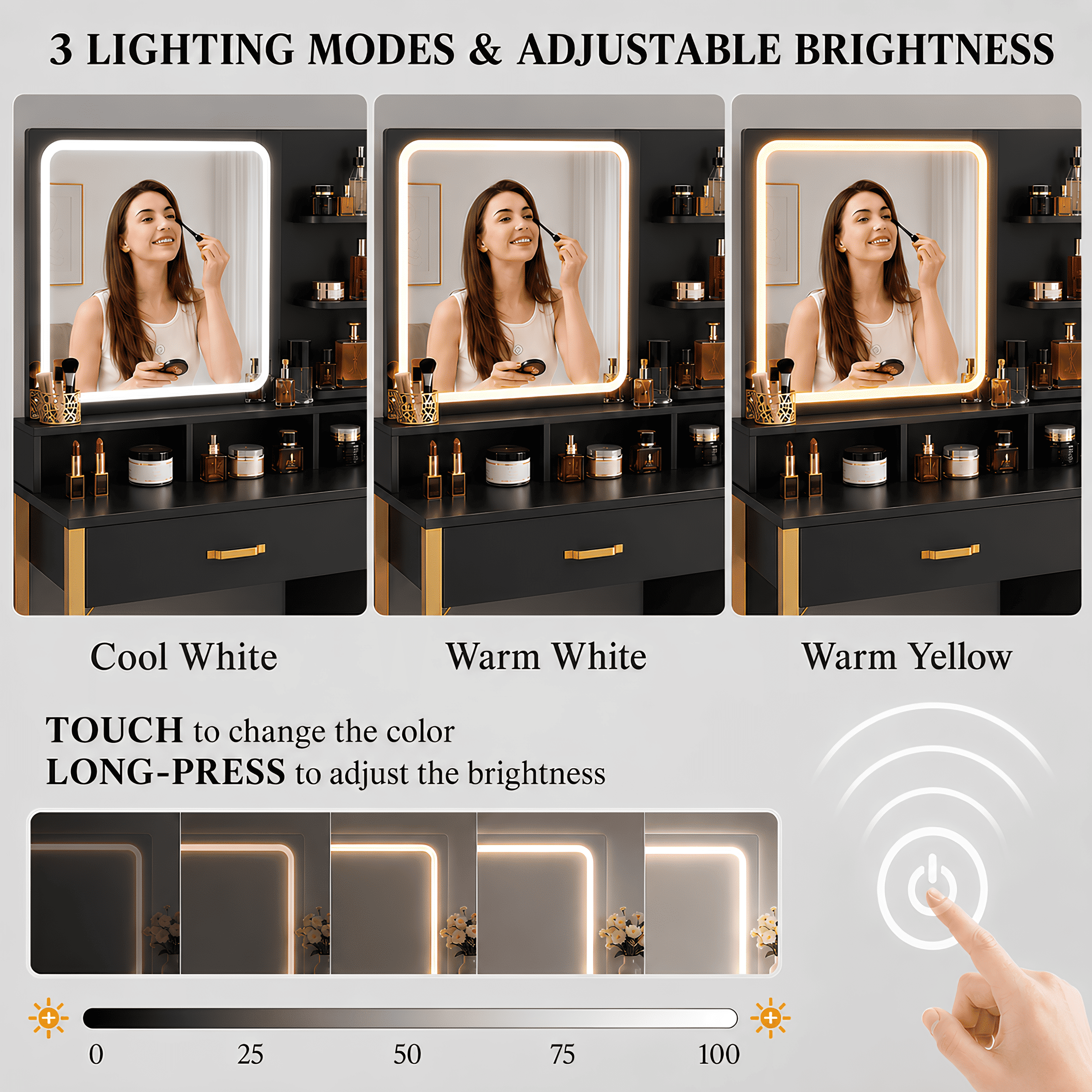 CLOUDREST PRO Makeup Vanity Desk with LED Lighted Mirror for Bedroom, 3 Color Lighting Modes, Storage Drawers & Open Shelves, Gold & White Beauty Dressing Table for Women, Black