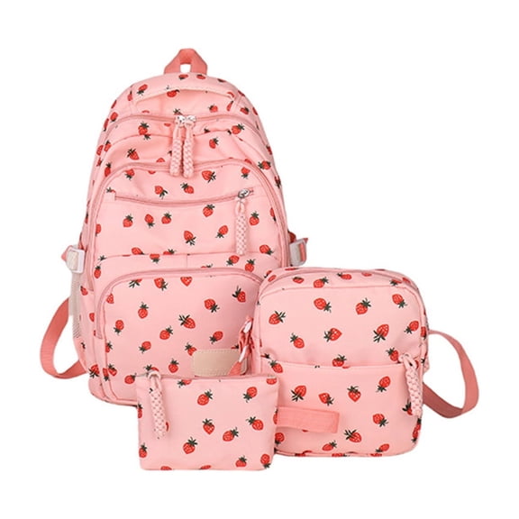 3Pcs Strawberry Print Backpack Set for Women Teens, Large Capacity School Bookbag with Crossbody & Pouch, Casual Daypack