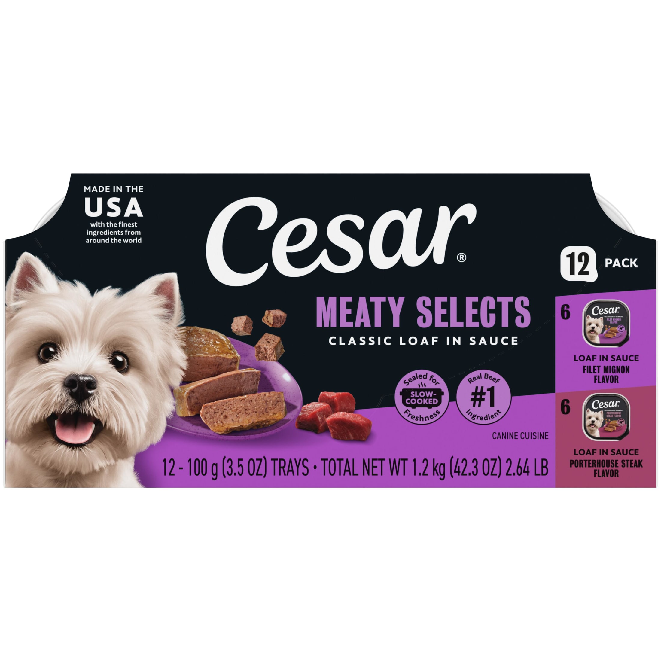 Cesar Loaf In Sauce Beef Flavors Adult Wet Dog Food Variety Pack, 3.5-Oz Trays 12 Ct.