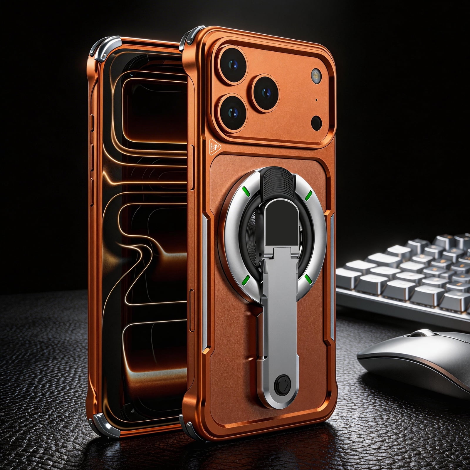 ELEHOLD Bumper Case for iPhone 17 Pro Max, Slim Shockproof Aluminum Cover with Magnetic Stand, No Backplate, Screen Protector Included,Orange