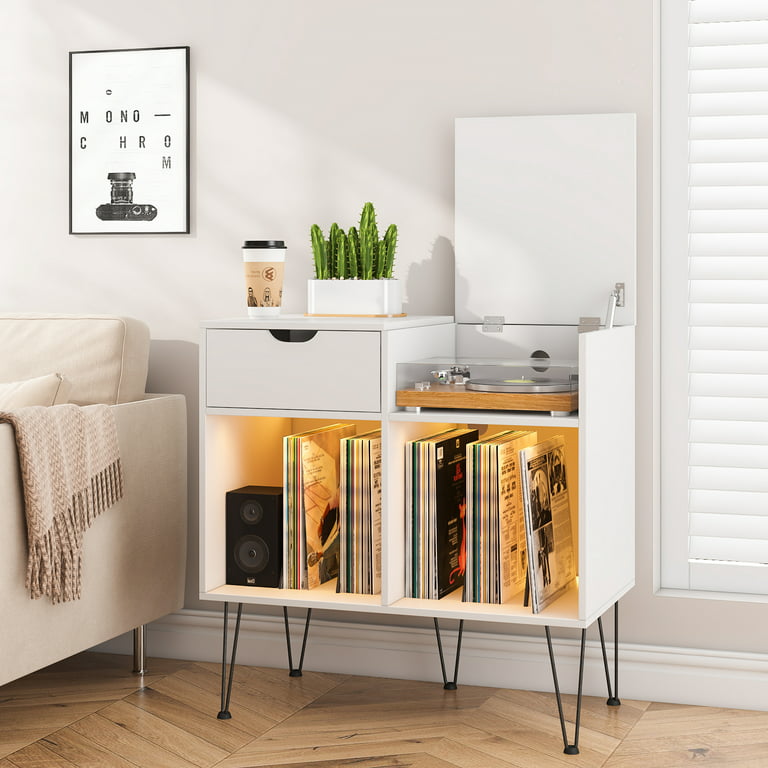 Hoompa LED Record Player Stand with Vinyl Storage Cabinet Holds Up to 200 Large Turntable Stand with with Flip-top Record Player Table Vinyl Holder Storage for Living Room Bedroom White -