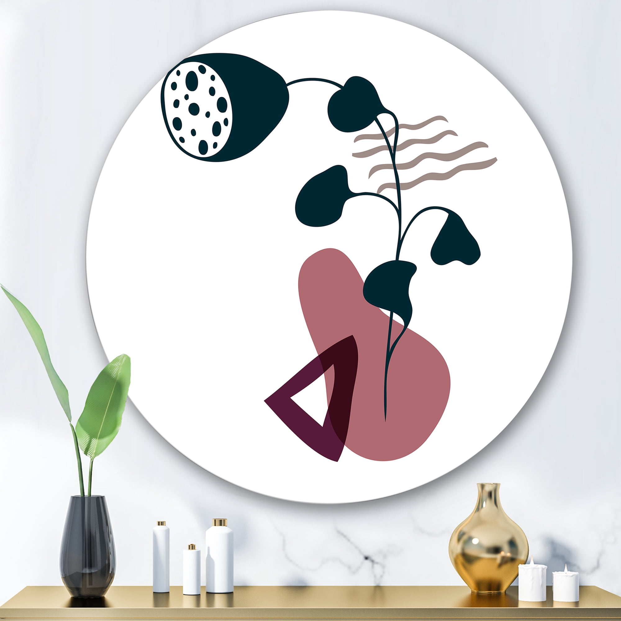 Designart 'Abstract Flowers Plants With Elementary Shapes V' Modern Circle Metal Wall Art 29x29 - Disc of 29