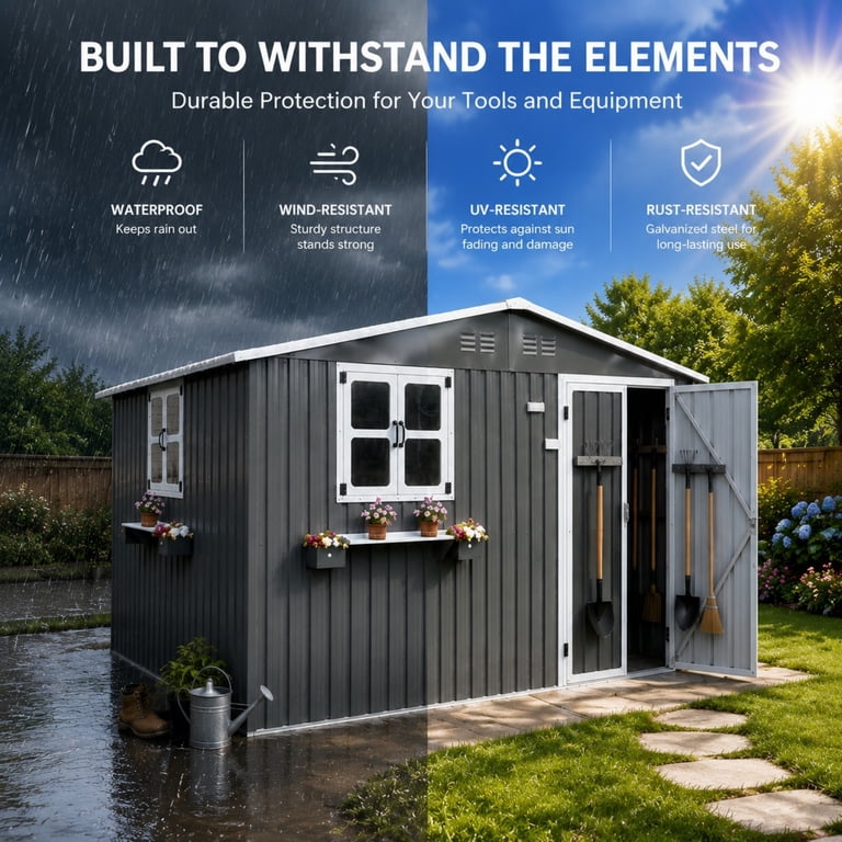 Aukfa 10x8 FT Outdoor Storage Shed with Lockable Doors&Flower Rack