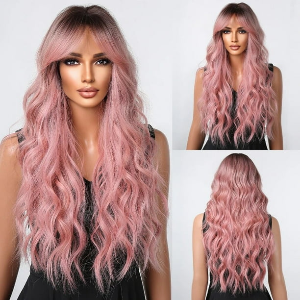 Peluca de cabello rizado Natural para mujer, cabellera artificial largo y ondulado con flequillo, color negro y Rubio degradado, estilo Afro, resistente al calor, uso diario