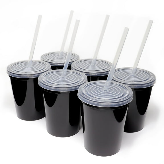 Rolling Sands 16oz Reusable Plastic Cups with Lids, 6 Pack, USA Made; BPA Free Black Tumblers, Includes 6 Reusable Straws; Dishwasher Safe