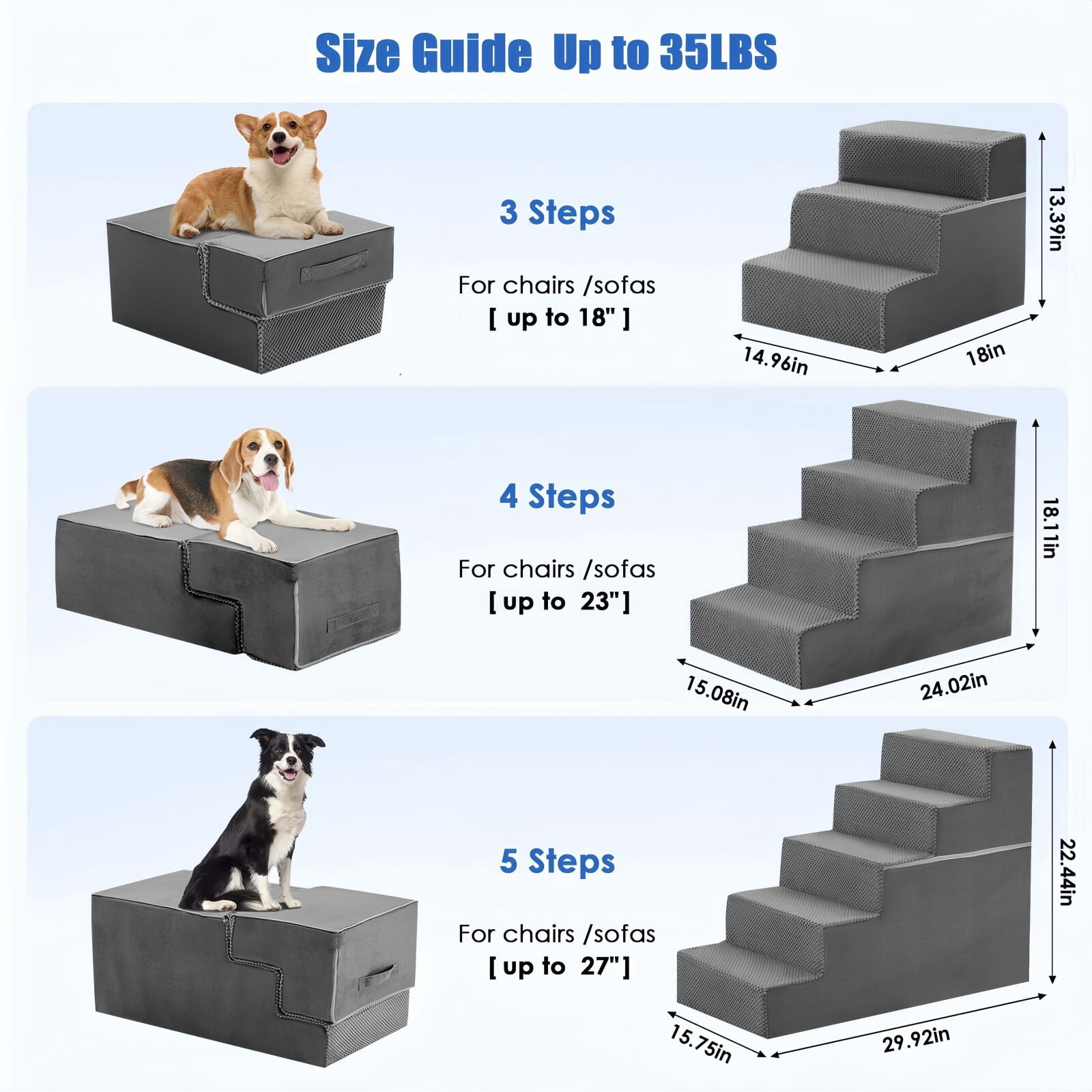 Kelno 18" Tall Dog Stair Foldable Foam Right Angle Pet Steps with Removable Washable Cover, Gray