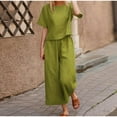 thumbnail image 5 of Casual Women's Linen 2-Piece Set Solid Color Loose Comfortable T-Shirt + Wide Leg Pants Homewear Casual Sportswear-Turquoise-XXXL, 5 of 7