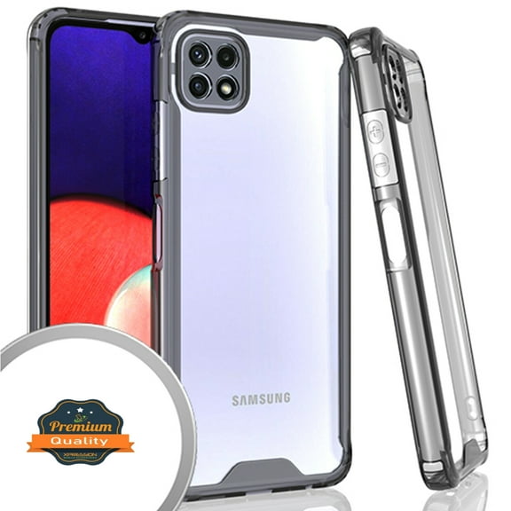 Xpression Case for Samsung Galaxy A22 Slim Body Frame [Shock-Absorption] Hybrid Defender Rubber Gummy TPU Clear Hard Back Protective Phone Cover [Smoke Black]