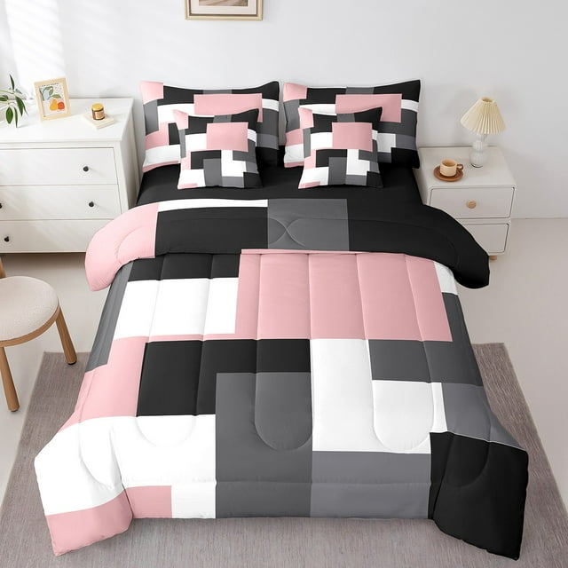 Erosebridal Geometric Sqare Bedding Queen Size,Abstract Artwork Comforter Sets with Sheets,Grey Pink Bedding Sets Queen Size,Ultra Soft Rectangle Room Decor,Reversible,7 Pieces