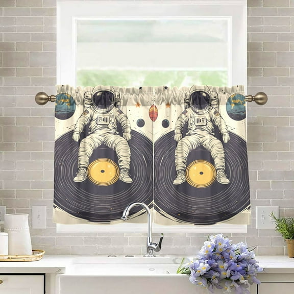 Yayeee Kitchen Curtains Tier Pair Light Filtering 27"x36" Rod Pocket Short Cafe Window Panel, Beige Astronaut Record
