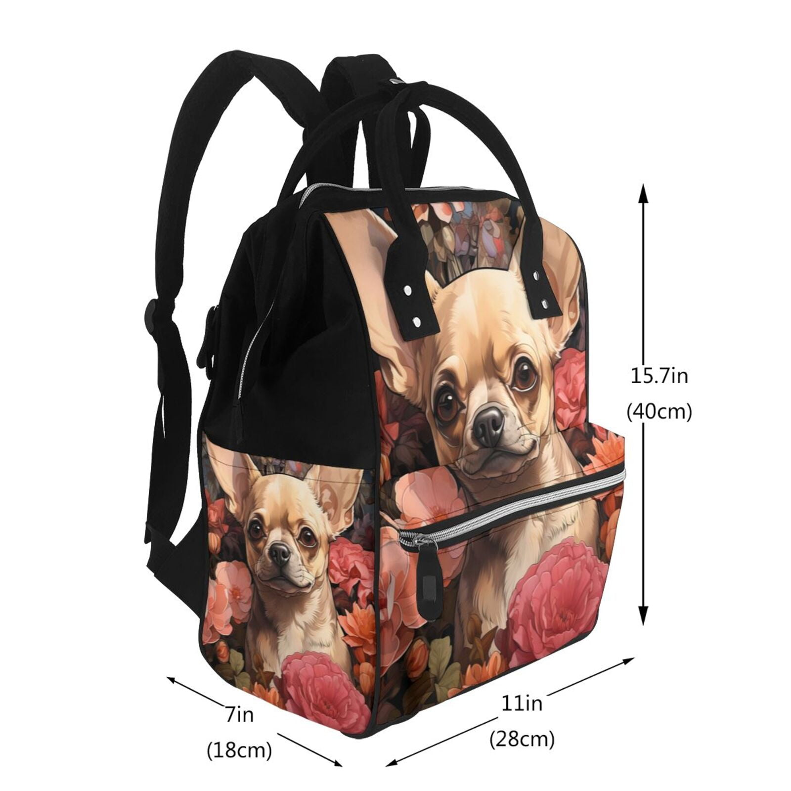 Ratiio Vintage Red Flower Chihuahua Mummy Backpack - Waterproof Twill Canvas, Large Capacity Diaper Bag with Multiple Pockets and Adjustable Straps