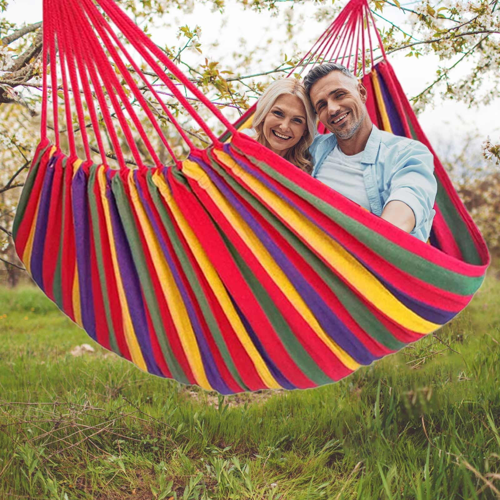 Kabnic Brazilian Double Hammock for 2 People, Extra Large 660lbs Capacity, Canvas Cotton Hammock for Camping, Patio, Porch, Garden, Backyard - Includes Travel Bag & Tree Straps