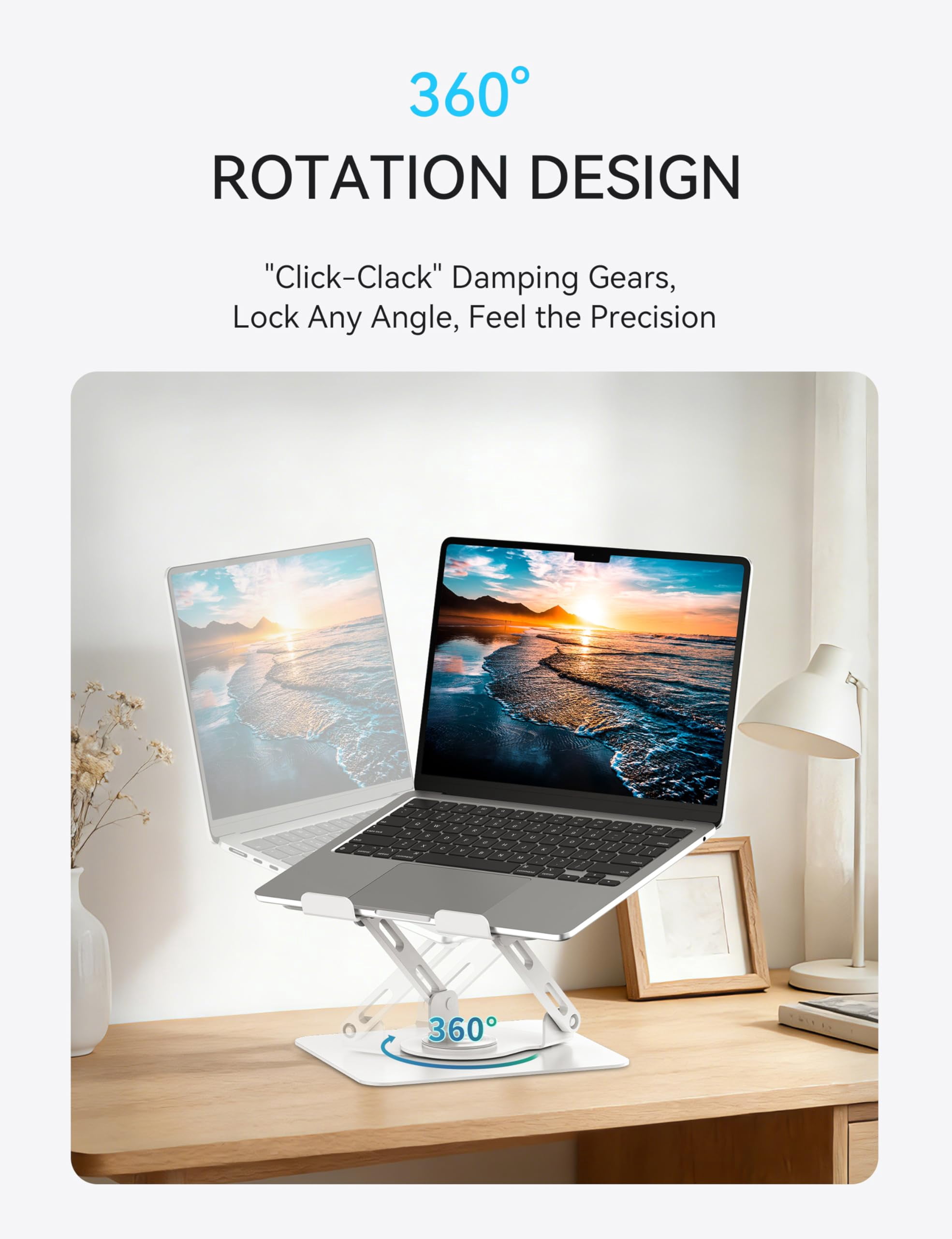 360 Rotating Laptop Stand  Computer Riser For Desk Adjustable Height Multi-angle Metal Holder Foldable Portable Notebook Elevating Base Office & Home White