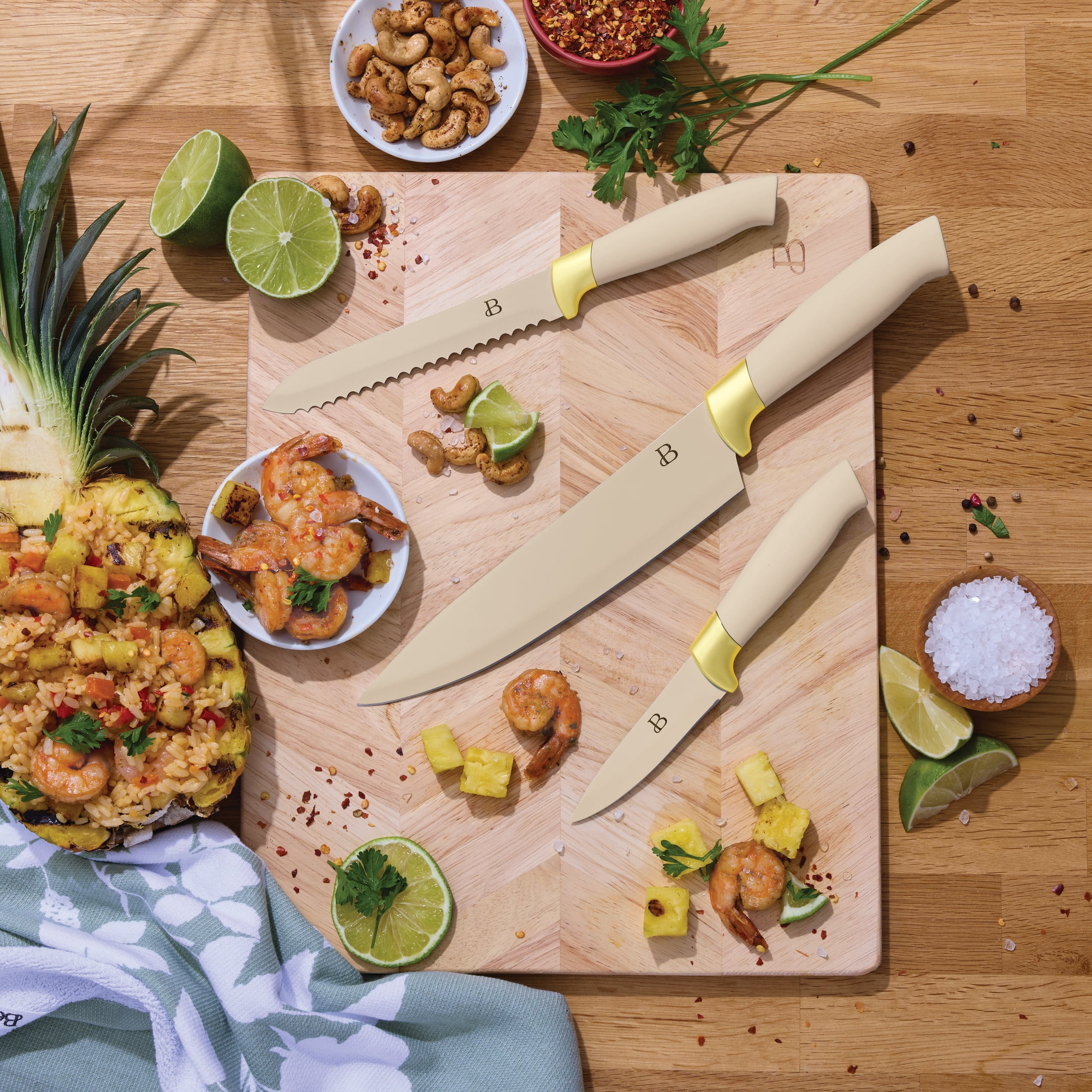 Beautiful 6-Piece Soft Grip Knife Set Porcini with Gold Accent by Drew Barrymore