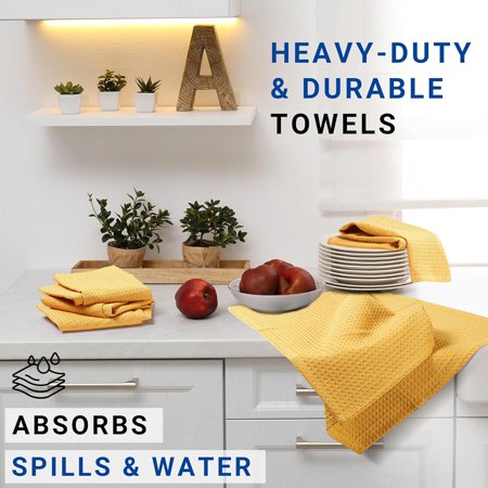 YILOSF-Kitchen Towels Set of 4 100% Soft Cotton Waffle Weave Dish Towels with Hanging Loop Reusable for Table Cleaning Dinning Parties - 16 x26 - Mustard Yellow