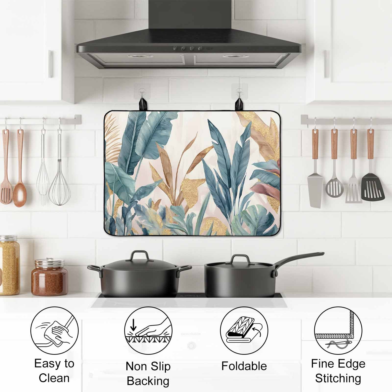 Green Yellow Tropical Leaves Stove Top Cover for Electric Stove, Heat-proof & Non Slip Glass Top Stove Cover Protector, Vintage Botanical Summer Kitchen Flat Cooktop Rubber Mat 24x21 Inches