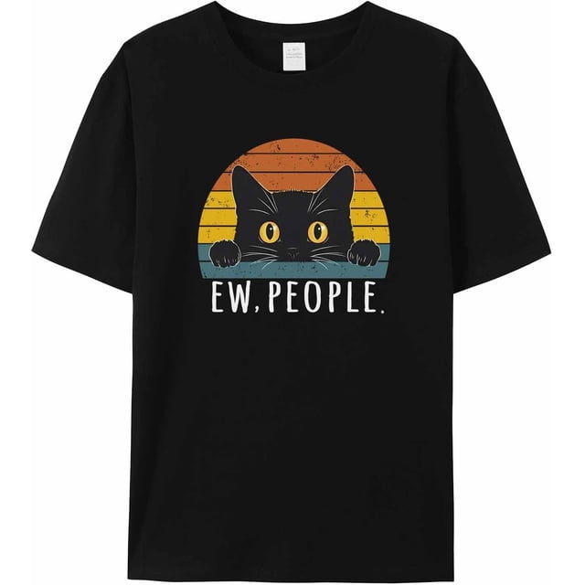 Camisetas de manga corta para hombre, camisetas gráficas divertidas con gato negro y texto de personas, camiseta informal de cuello redondo