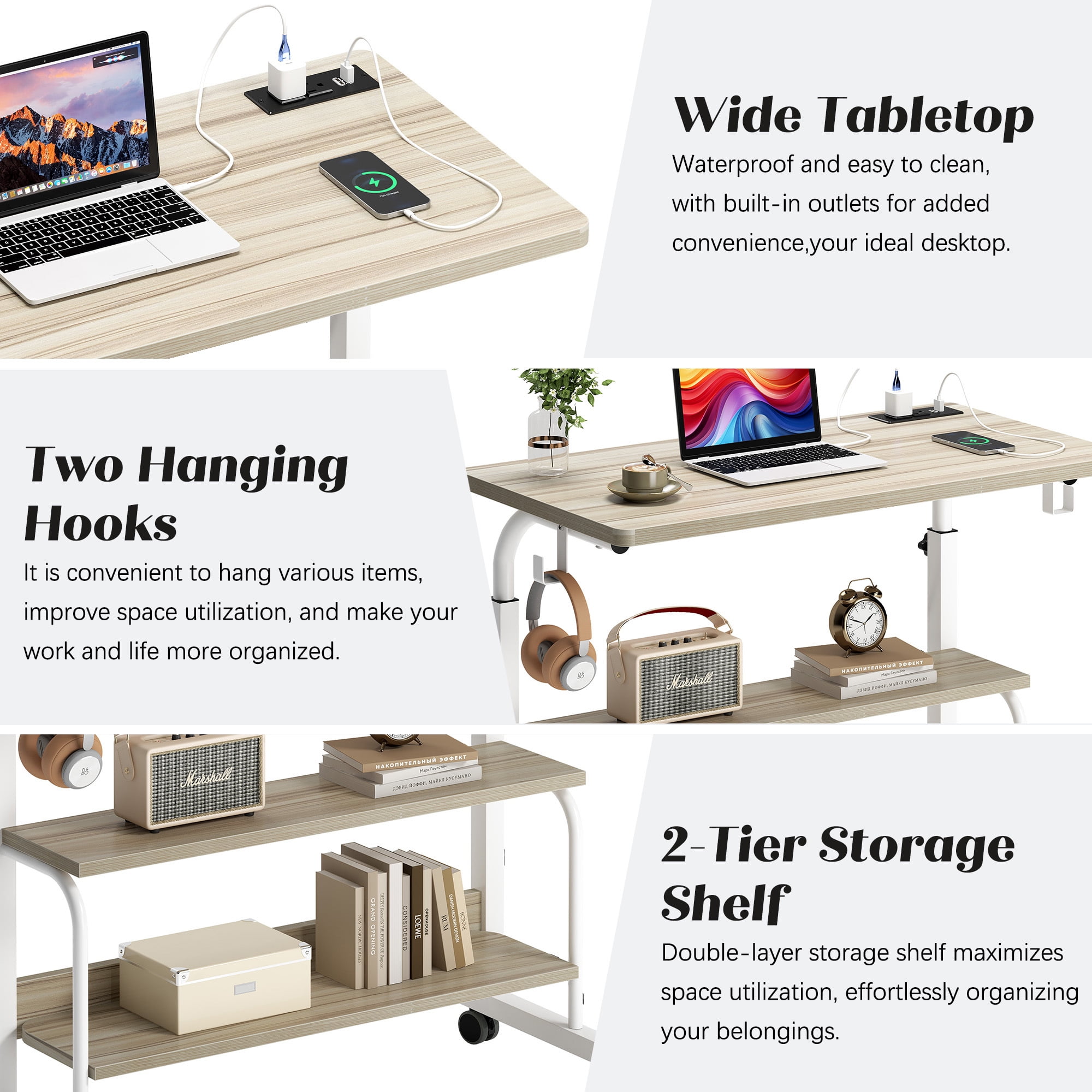 Soges 31.5" Height Adjustable Computer Desk with Charging Station, Adjustable Side Table Movable Laptop Desk with 2 Storage Shelves, Adjustable Desk on Wheels for Home Office, Sofa, Bed, Maple