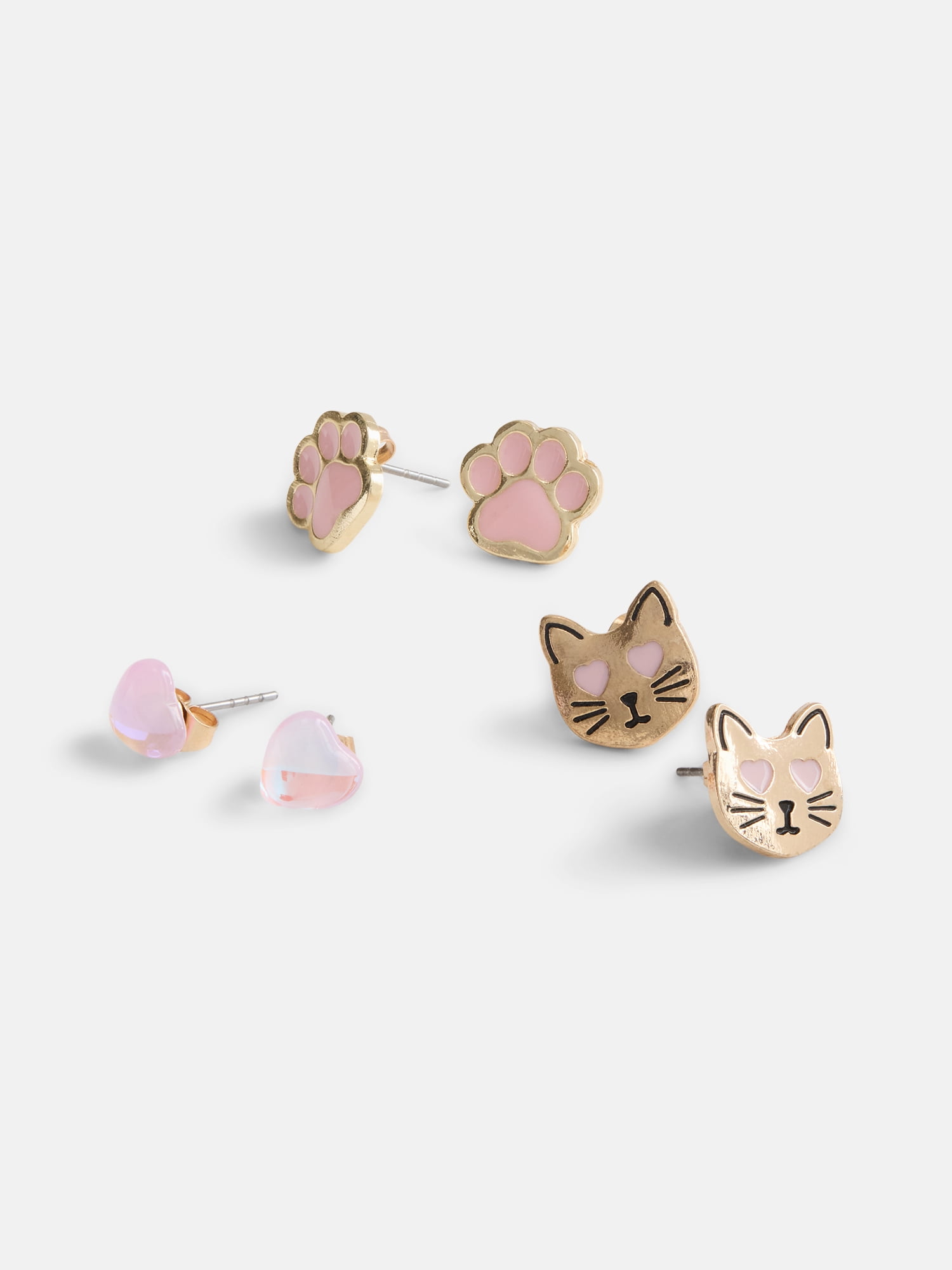 Wonder Nation Girls 3 Pairs Cat Earrings, Gold/Pink