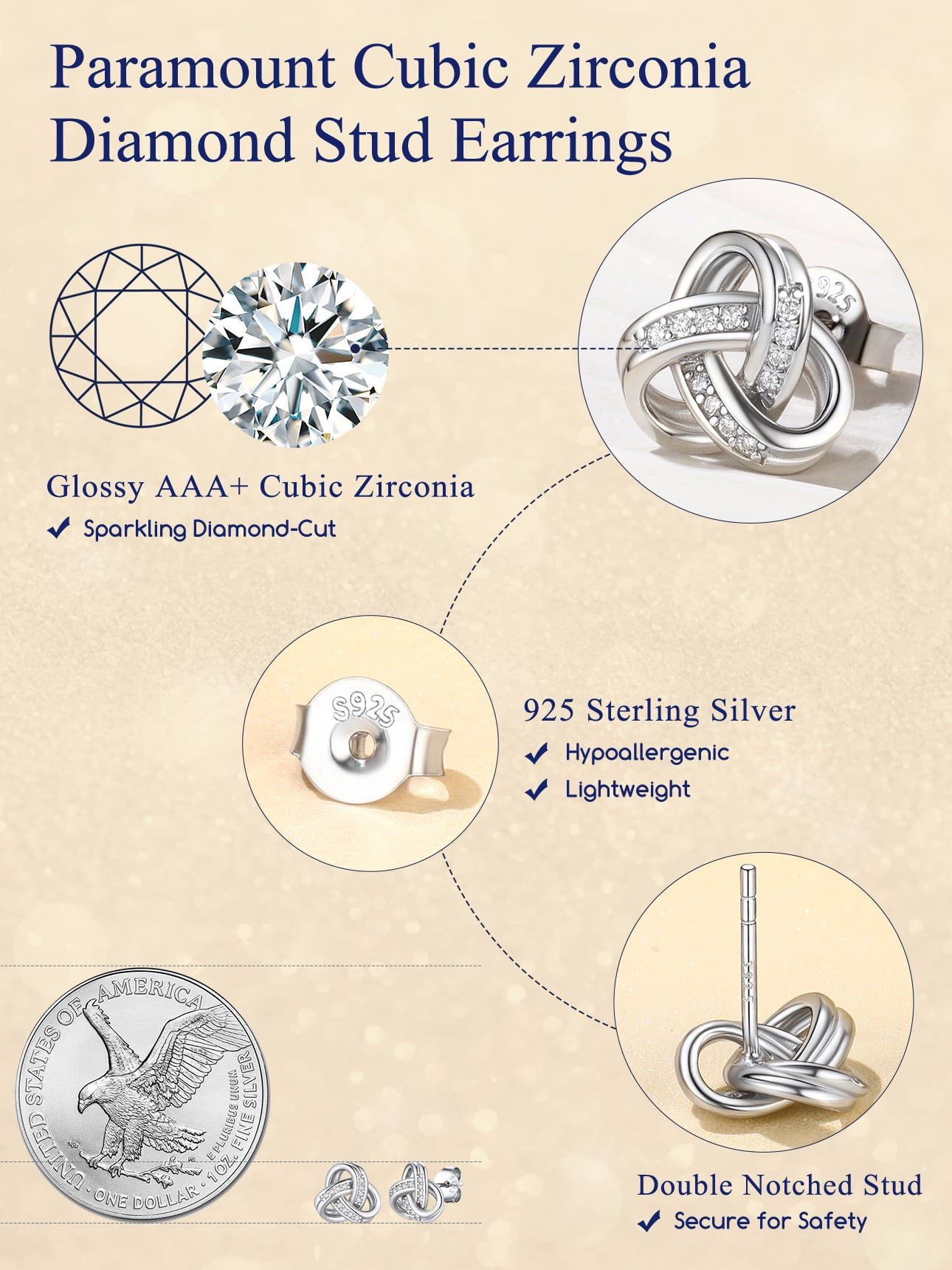 Suplight 925 Sterling Silver Cubic Zirconia Triangle Love Shape Knot Earrings Love Gifts for Women