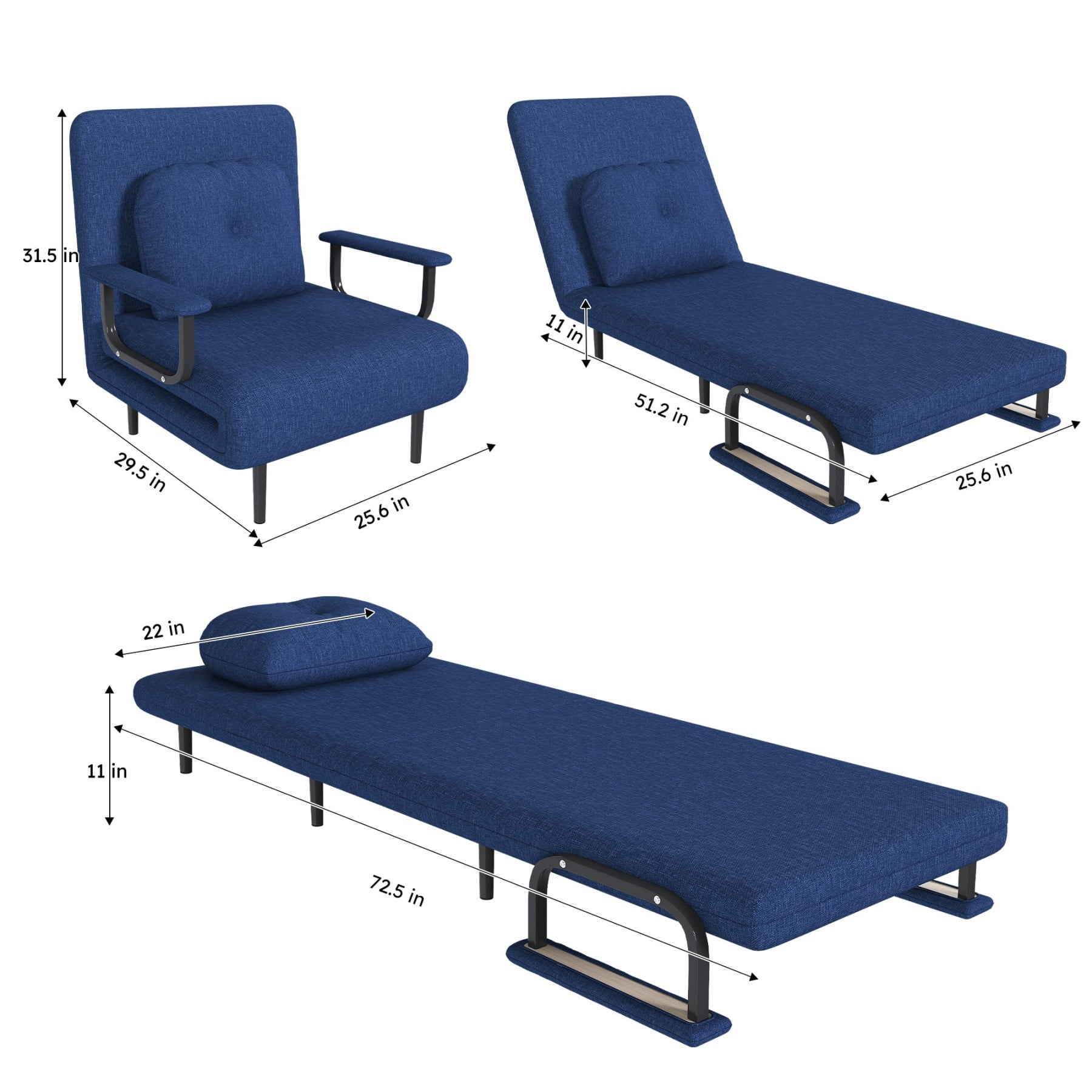 3-in-1 Folding Sofa Bed Chair, Adjustable Sleeper Chair with 5-Position Backrest & Pillow for Bedroom Office, Blue