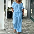 thumbnail image 2 of Womens Casual Cotton Linen Blend Outfit Round Neck Short Sleeve Drawstring Top Elastic Waist Wide Leg Pants with Pockets Solid Color Loungewear Set Sky Blue XL(XL), 2 of 6