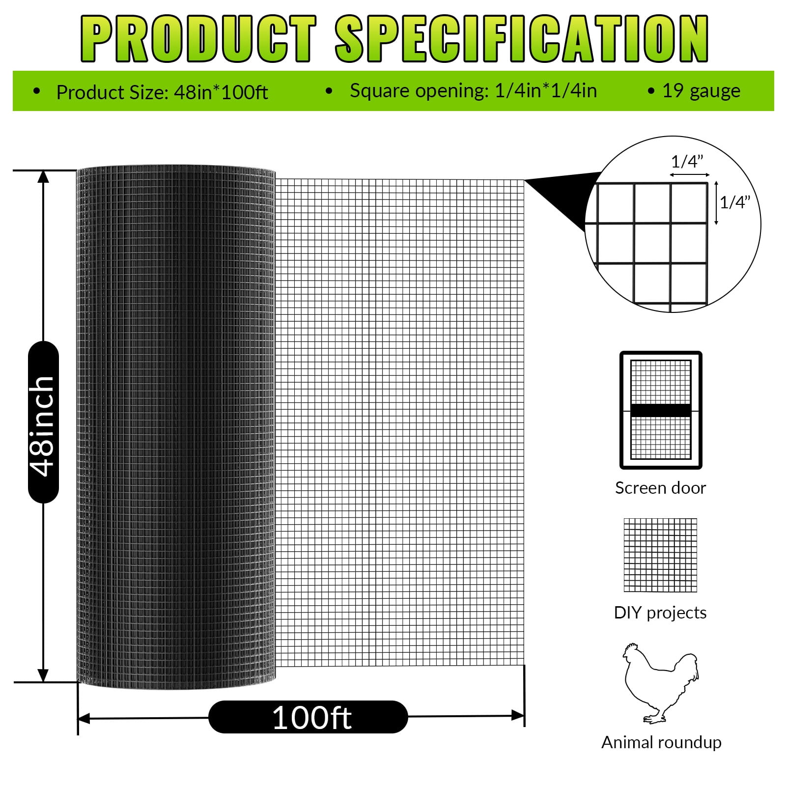 Hardware Cloth 1/4 Inch 48'' x 100ft, 19 Gauge Heavy Duty Black Vinyl Coated Welded Wire Mesh Roll, PVC Hardware Cloth for Chicken Fencing, Garden Fence & Tree Guard