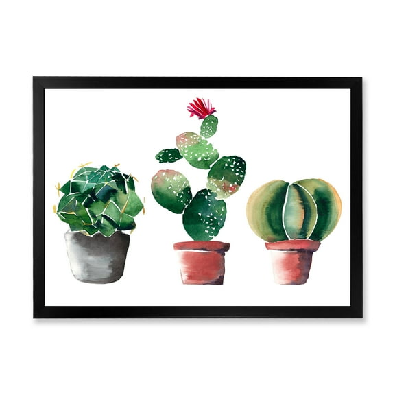 Designart 'Three Cacti In Clay Pots On White' Traditional Framed Art Print