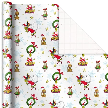 Hallmark Grinch Wrapping Paper for Christmas with Blue Tiles, White Snowflakes, Cindy Lou Who, Max( missing one roll)