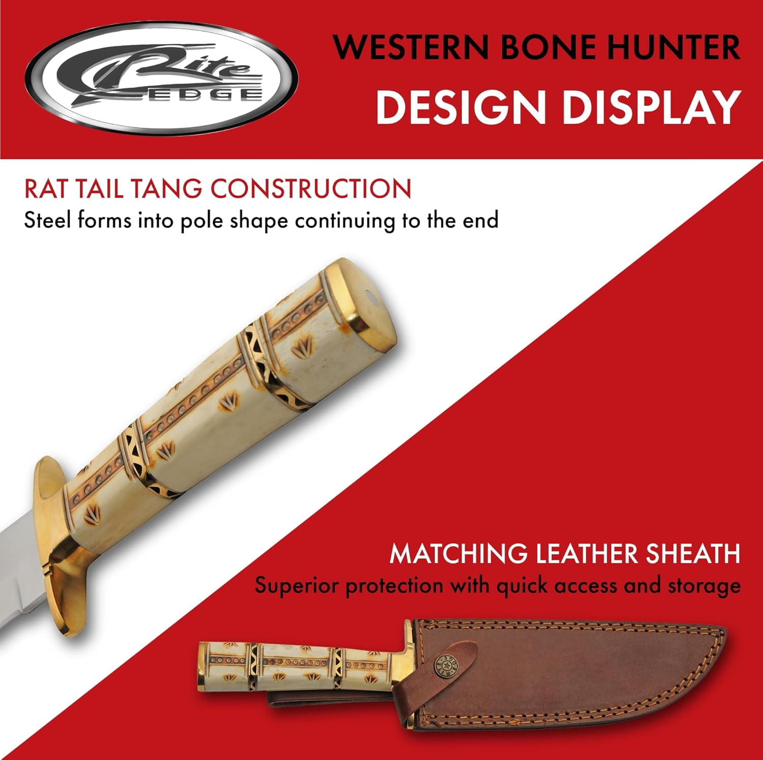 SZCO 12" Western Bone Hunter Knife, 7" Stainless Steel Blade with Authentic Bone Handle and Brass Guard for Hunting and Outdoor Survival