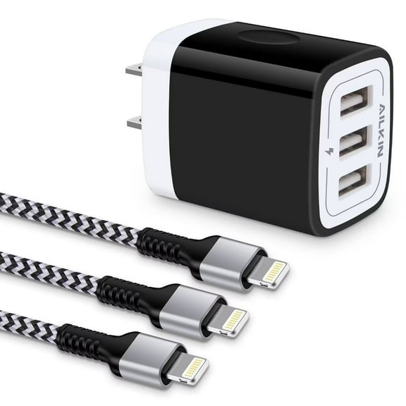 AILKIN Compatible with iPhone Charger Fast Charging 3Pack Usb A Light-ning Cables 6ft Cords 3.1A Three Port Charger Blocks Compatible with iPhone 14/13/12/11,Blackwhite