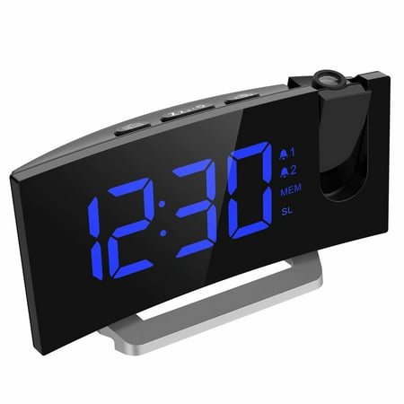 - Mpow Projection Alarm Clock, 5'' LED Curved-Screen Projection Clock, FM Radio Alarm Clock, Dual Alarm Clock with 4 Alarm Sounds, 12/24 Hour, Blue