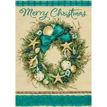 SM-XLHN Merry Christmas Coastal Wreath Large Decorative House Flag, Xmas Beach Seashell Garden Yard Ocean Home Outside Decoration, Winter Nautical Sea Outdoor Decor Double Sided 28 x 40